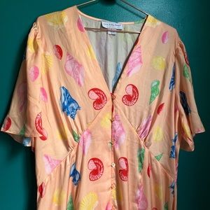 Never Fully Dressed Satin Vacation Beach Mid Maxi Dress In Orange Seashell Print